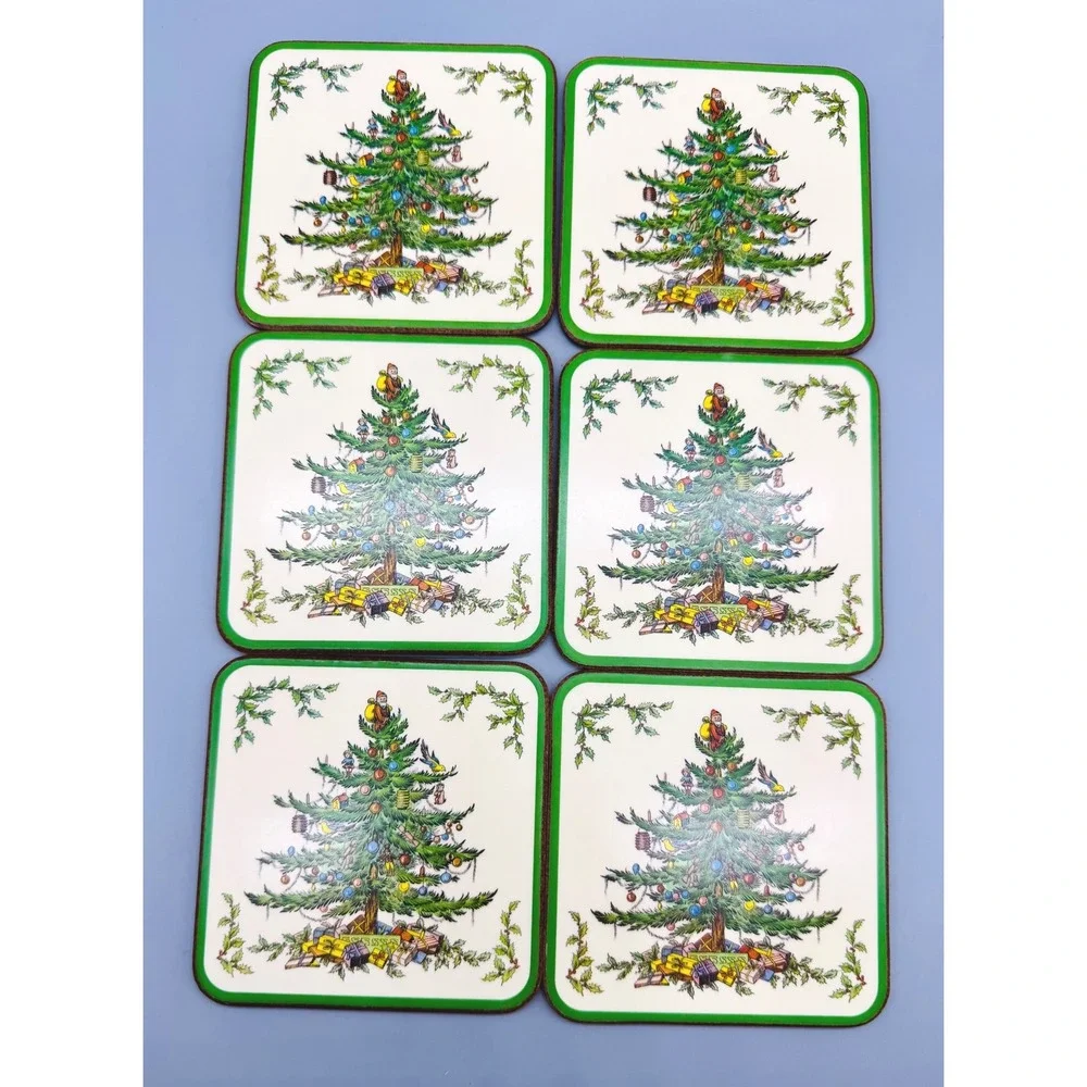 Spode Christmas Tree Coaster Cork Backed Set of 6 Green Trim Box England Vintage